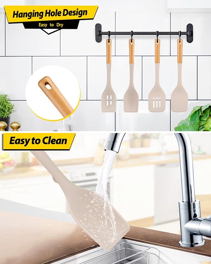 Pack of 4 Silicone Kitchen Utensils Set, Non Stick Solid Spatulas and Heat Resistant Slotted Spoons with Wooden Handle, Ideal BPA Free Cooking Utensils for Mixing,Serving,Turning,Stirring(KHAKI)