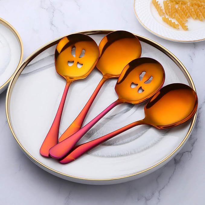 Meisha Serving Spoons Set, 3 Serving Spoons and 3 Slotted Serving Spoons, Orange Red Stainless Steel Serving Utensils for Buffet Can Banquet Cooking Kitchen - Mirror Polished