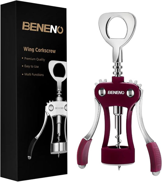 Beneno Wine Opener, Zinc Alloy Premium Wing Corkscrew with Multifunctional Bottles Opener, Sharp Wine Corkscrew with Ergonomic Non-Slip Wing Handle, Purple