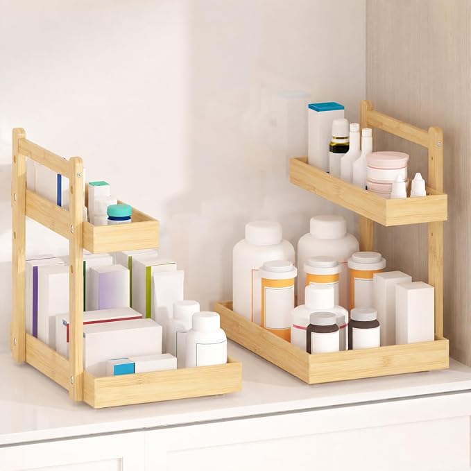 Bamboo Under Sink Organizer 2 Pack, 2-Tier Pull Out Cabinet Organizer | Kitchen Sink Organizer | Bathroom Cabinet Organizer | Cleaning Supply Storage | L-Shape | 3-Level Adjustable | Natural Bamboo