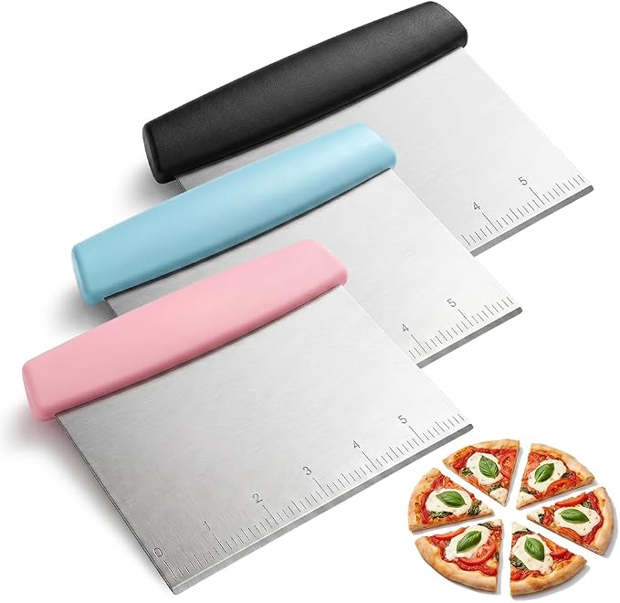 Stainless Steel Dough Scraper & Chopper with Measurement Marks, Multi-Purpose Pastry Cutter for Pizza Bread Cookie Dough, Heavy Duty Scraper with Non-Slip Handle (Mix)