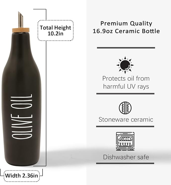 HOMCDALY Ceramic Olive Oil Dispenser for Kitchen, Stoneware 16oz Oil Cruet and Vinegar Bottles Dispenser, Kitchen Dispenser Bottle for EVOO Vinegar Syrups, Modern Farmhouse Design(B-O)