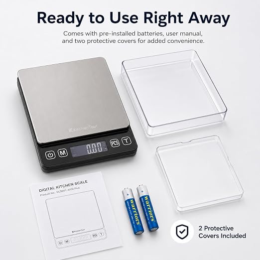 KitchenTour Digital Kitchen Gram Scale - 3000g/0.1g - High Accuracy Precision Food Scale with 9 Units(g/oz/ml/lb/lb:oz/gn/ozt/DWT/ct) - Meat Scale with Back-Lit LCD Display(Batteries Included)