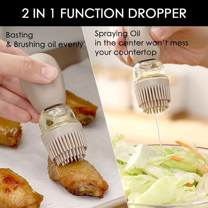 Oil Dispenser with Brush - 2 Pack Glass Olive Oil Dispenser Bottle for Kitchen with Silicone Basting Brush BBQ Grilling Baking Cooking, T-OB22, White+Red