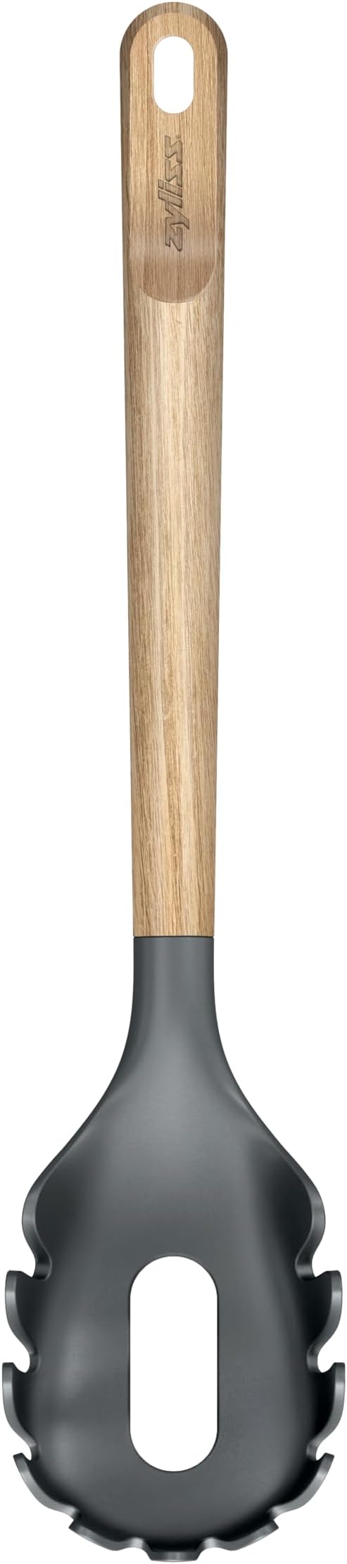 Zyliss Spaghetti Server Oak Wood – Durable Pasta Server with Heat-Resistant PBT Head, Non-Stick Safe Silicone Edge, FSC Oak Handle, Built-In Portion Gap, Perfect for Spaghetti and Long Noodles 11.9"