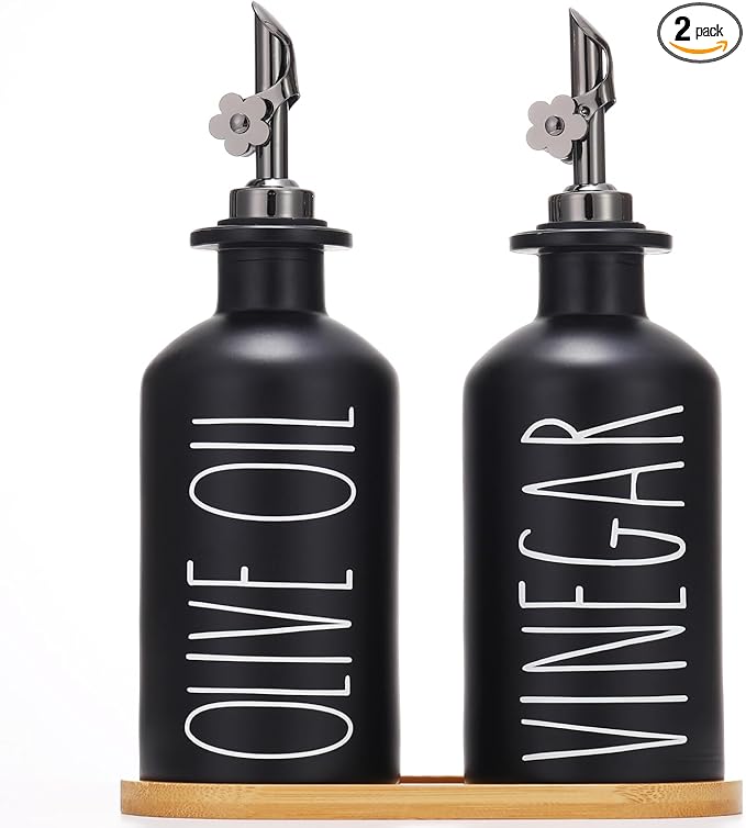 HOMCDALY Premium Olive Oil Dispenser for Kitchen, 11.8oz Glass Oil Bottles with Bamboo Tray, Black Oil&Vinegar Cruet Set, Kitchen Dispenser Bottles with Pourer | Set of 2 (11.8oz –P–Black)