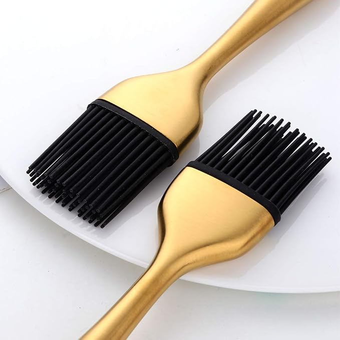 2 Pack Grill Basting Brush with 2 Pack Back Up Silicone Brush Heads, No Shed Bristles Stainless Steel Handles Heatproof Rust Resistant, Pastry Brushes for Kitchen Cooking BBQ (Gold)