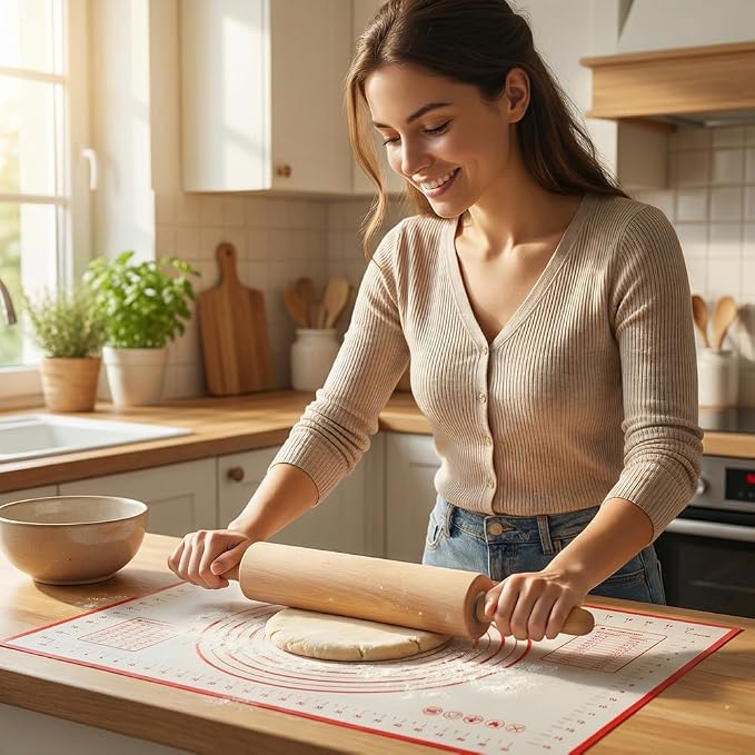 Wood Rolling Pin with Silicone Baking Mat Wood Base, Non Stick Dough Roller with Handle, Fondant Roller Beech Rolling Pins for Baking Pizza Pastry Bread Cookies