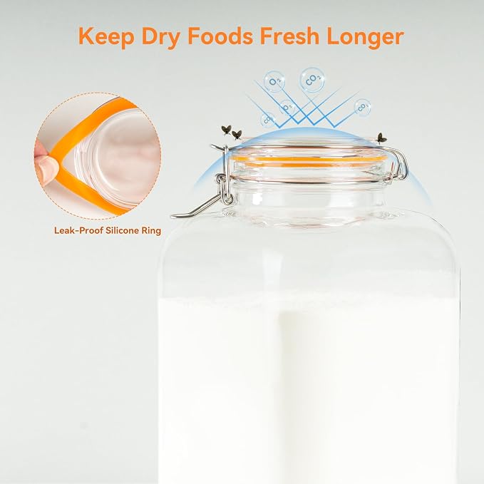 Glass Storage Jars with Airtight Lids - 2 Pack 135 Oz Food Containers Large Wide Mouth Kitchen Pantry Canisters Mason Jar for Flour Sugar Coffee Cookies Cereal Rice