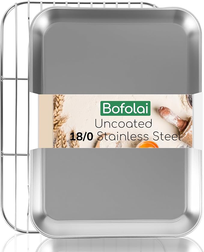 18/0 Stainless Steel Baking Sheet with Cooling Rack, 17.3 Inch Oven-Safe Non-Toxic Cookie Sheets for Baking, Coating Free & Rust Resistant for Healthy Family Baking, Easy to Clean, Heavy Duty