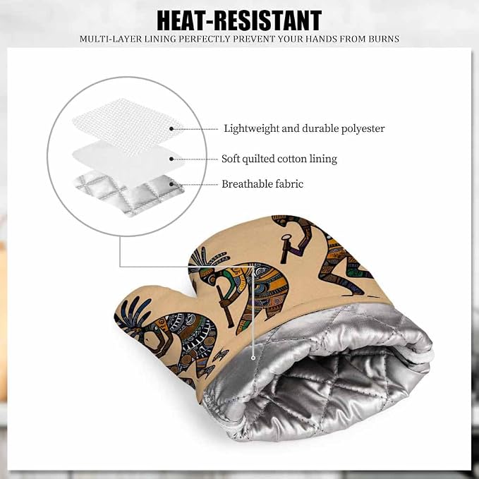 Mxocom Kokopelli Oven Mitt and Pot Holder with Silicone Stylized Mythical Characters Playing Flutes Heat Resistant Kitchen for Cooking BBQ Baking Grilling Spring/Summer