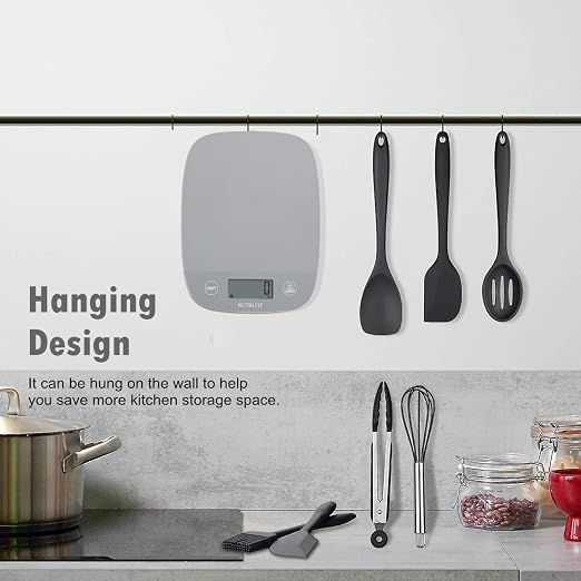 11lb Food Scale Kitchen Scales Digital Weight Grams & Ounces Grey | Ultra-Slim Size, 1g Precision, Max 11lbs, Smart Tare, Baking Cooking Weighing Scale, Portion Control, Hanging Storage