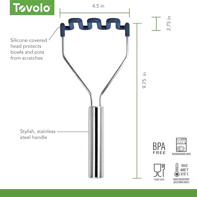 Tovolo Silicone Potato Masher Stainless Steel Handle Deep Indigo Dishwasher Safe Heat Resistant Non Scratch Handheld Coil Wire Potato Smasher for Nonstick Pans Ergonomic Kitchen Food Prep Tool