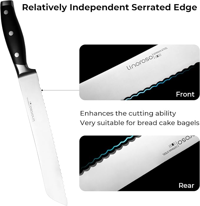 linoroso Serrated Bread Knife for Homemade Bread with Elegant Gift Box, Full Tang Ultra Sharp Forged German Carbon Stainless Steel Bread Knife 8 inch for Slicing Bread, Bagels, Cake - Classic Series