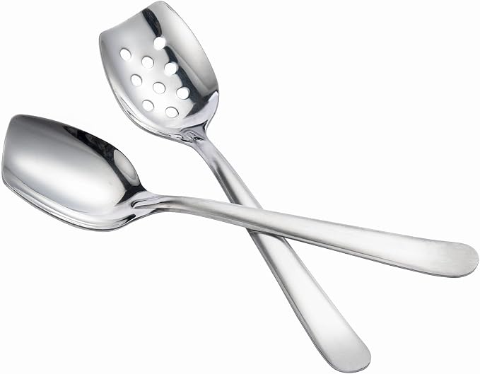 IMEEA 8-Inch Compact Flat Bottom Scraping Cooking Spoon Set of 2, 18/8 Stainless Steel Slotted & Solid Stirring Spoon, Small Kitchen Spoon for Sauces, Eggs, Instant Pot, Small Pan & Bowl