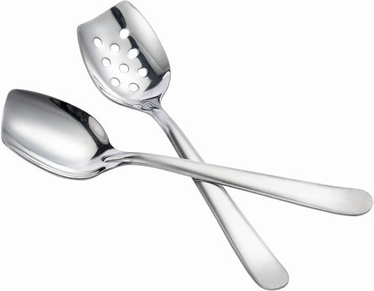 IMEEA 8-Inch Compact Flat Bottom Scraping Cooking Spoon Set of 2, 18/8 Stainless Steel Slotted & Solid Stirring Spoon, Small Kitchen Spoon for Sauces, Eggs, Instant Pot, Small Pan & Bowl