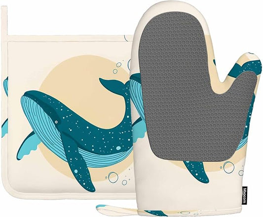 Mxocom Watercolor Whale Heat-Resistant Oven Mitts and Pot Holder Sea Theme Marine Life Coastal Modern Design Cool Ring Circle Kitchen Non-Slip Cooking Microwave Gloves for Cooking Baking Grilling