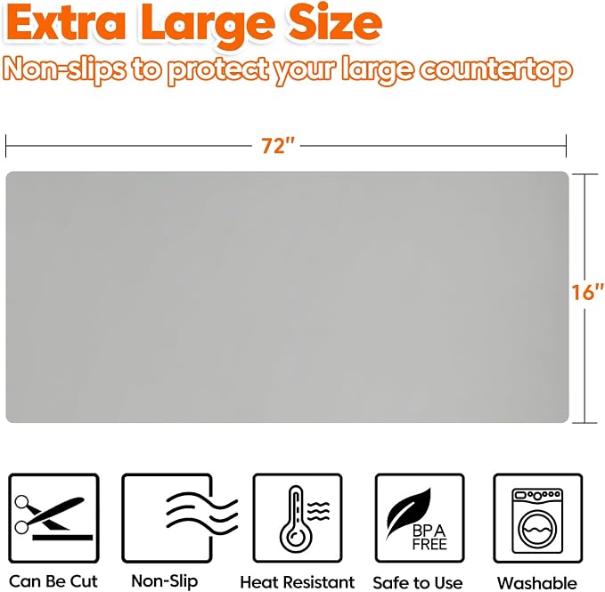 Extra Large Silicone Mat, 72”x16” Heat Resistant Mats for Countertop, Cuttable Waterproof Kitchen Counter Mat, Multipurpose Countertop Protector Mat, Silicone Mats for Kitchen Counter (Gray)