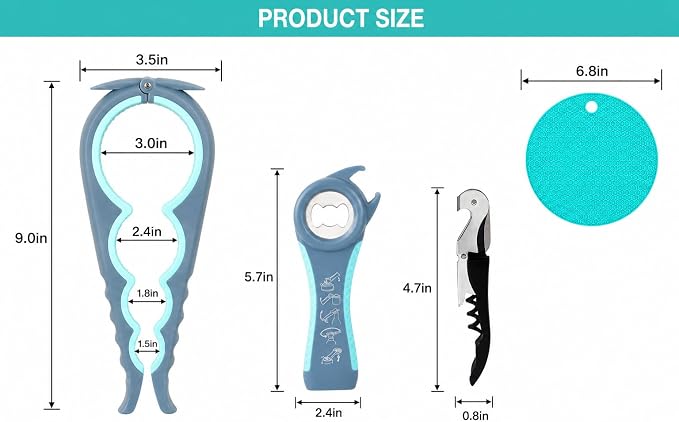 Jar Opener & Bottle Opener for Seniors, Arthritis, Weak Hands, Non Slip Lid Grip Remover, Effortless Twist,4-in-1 Multi Purpose Kitchen Tool(Blue)