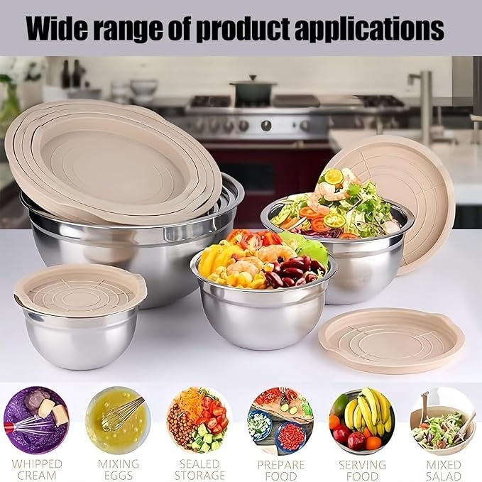 Mixing Bowls with Lids Set | Stainless Steel, 7 Sizes (0.7-4.5QT), with 3 Grater Attachments, Nesting, Dishwasher Safe (Khaki-7 Sizes)