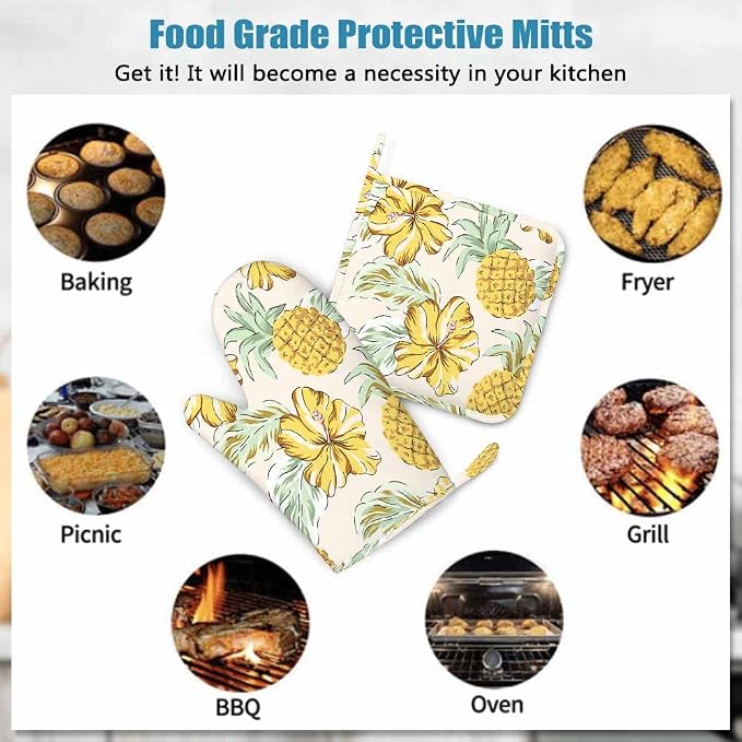 Mxocom Yellow Pineapples Oven Mitt and Pot Holder with Silicone Hibiscus Flowers Green Palm Leaves Summer Tropical Beach Floral Heat Resistant Kitchen for Cooking BBQ Baking Grilling Spring/Summer