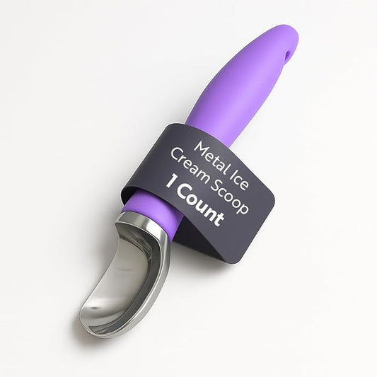 Restaurantware Comfy Grip 7.9 x 2 Inch Kitchen Ice Cream Scoop 1 Heavy-Duty Ice Cream Disher - Ergonomic PP Handle Dishwashable Purple Metal Ice Cream Spade With Lid Opener Notch Multi-Use