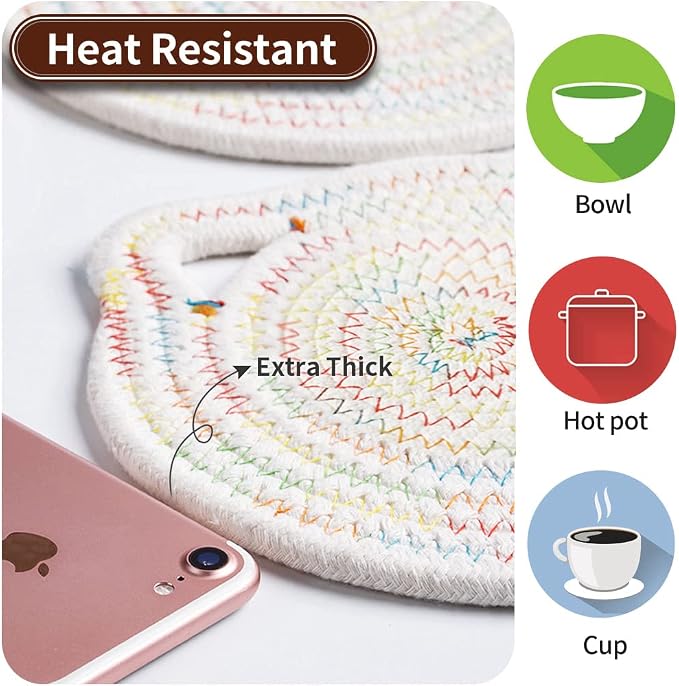 7" Pure Cotton Trivets Set with 0.35" Thick (3 Pcs, Grey) | Tightly Woven, Machine Washable, Heat Resistant, Cute Cat Kitchen Accessories for Hot Dishes Pots Pans, Decor, Gift