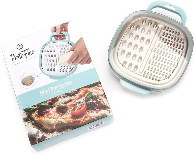 PortoFino Mini Box Grater with Handle, Cheese Grater with Container, 2 in 1 Design for Grating and Storage, Stainless Steel Food Grater with Plastic Storage Container, Dishwasher Safe, Small, Blue
