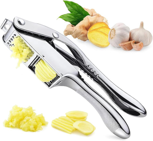 Garlic Press 3 in 1 Stainless Steel & Peeler – Durable Garlic Mincer, Crusher & Chopper with Silicone Roller & Cleaning Brush – Dishwasher Safe Kitchen Gadget