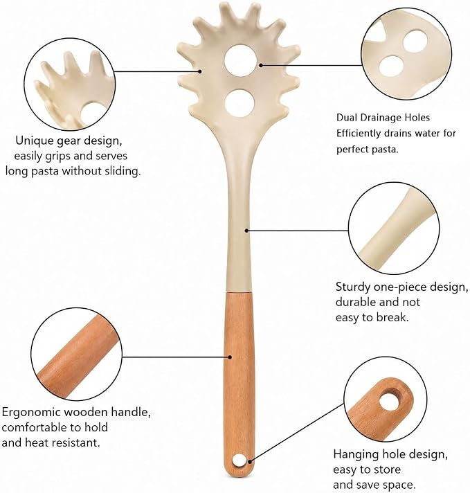 Silicone Pasta Server Spoon Nonstick Spaghetti Spoon with Wooden Handle Pasta Serving Spoon for Noodles Spaghetti Pasta Salad and Daily Cooking