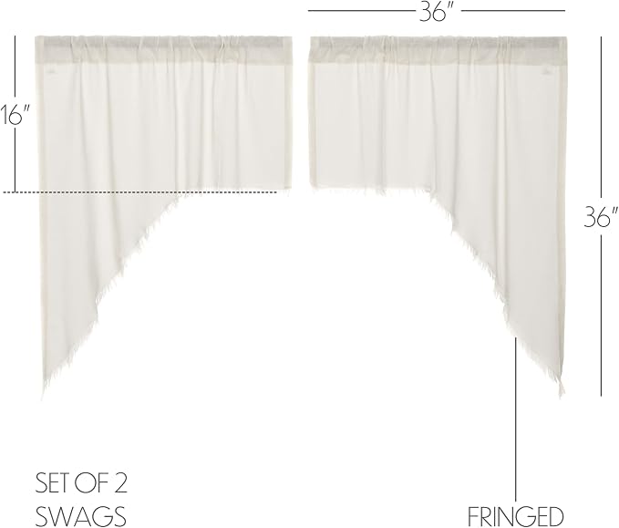 VHC Brands Tobacco Cloth Fringed Farmhouse Decor Kitchen Swag Prairie Panels Door Window Tier Set Curtains for Kitchen Bedroom Bathroom Living Room Dining (Antique White, Classic Swag Set)