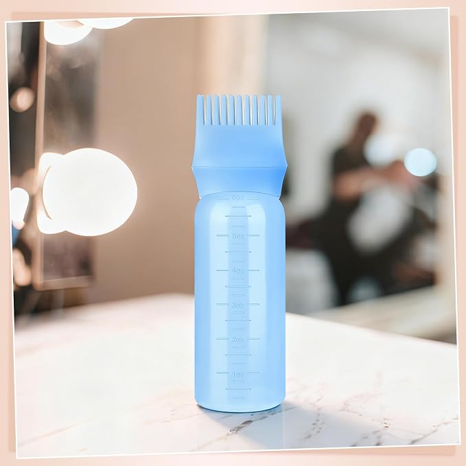 Pimoys 6Oz Root Comb Hair Dye Oil Applicator Bottles for Scalp, Blue | Plastic Squeeze Bottle Dispenser with Graduated Scale, Comb Tip Applicator For Hair Coloring Scalp Oiling, Home Salon Use