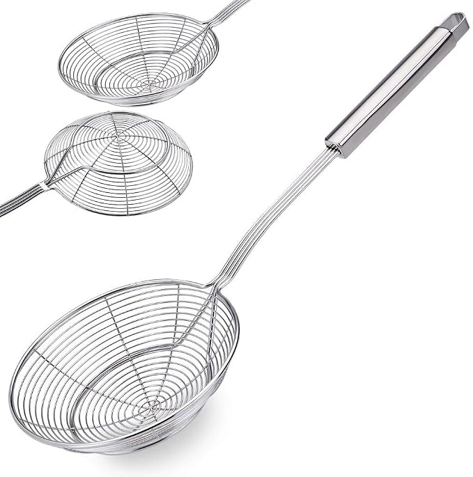 Spider Strainer Skimmer Ladle Spoon colander Stainless Steel Solid rust proof Skimmer Basket with Non Slip Long Handle for Kitchen Frying Food Noodle kitchen Cooking Tools