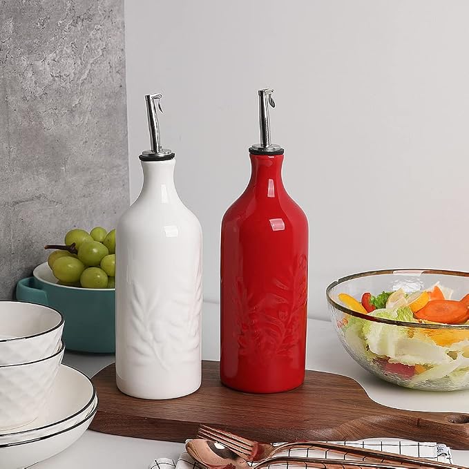 Sweejar Ceramic Olive Oil Dispenser Bottle, 20 Oz Relief Opaque Oil Cruet Protects Oil To Reduce Oxidation, Suitable for Storage Oil, Vinegar, Soy Sauce, Coffee Syrup, Liquids, Set of 1 (Red)