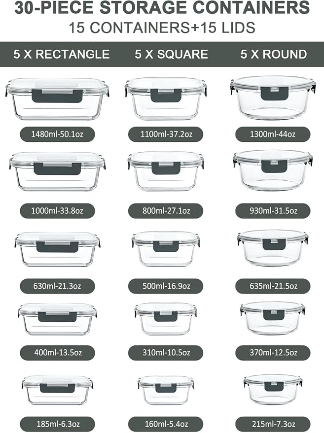 M MCIRCO 30 Piece Extra Large Glass Food Storage Containers with Lids,Gray | Glass Meal Prep Containers,Airtight LunchContainers with Lids, Microwave, Oven,Freezer and Dishwasher Friendly, BPA Free