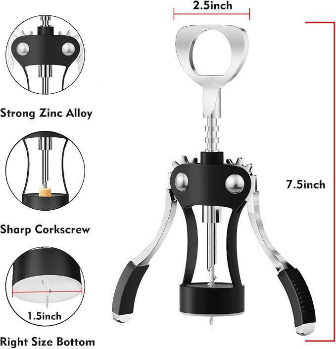 KORCCI Wine Opener, Heavy-Duty Zinc Alloy Wing Corkscrew, Premium Beer Bottle Opener, Multifunctional Wine Accessories with Ergonomic Handle and Sharp Screw, for Kitchen, Bar, Restaurant (BLACK)