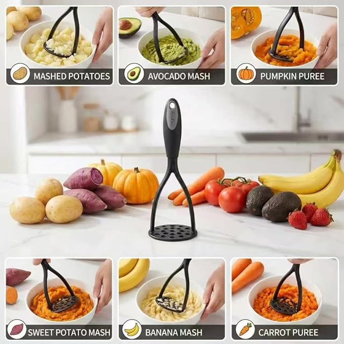 KSENDALO 2 Pack Potato Masher, Bean Smasher for Kitchen, Black | Nonstick Food Masher, 0,2inch Thick Nylon 3.5inch Diameter Round Blade, Rubber Wrapped Comfortable Handle, Hand Wash