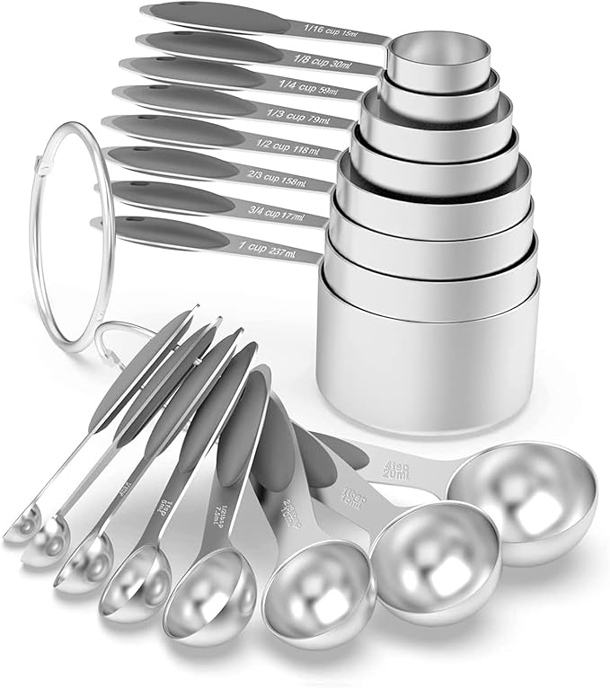 Wildone Stainless Measuring Cups and Spoons Set with Silicone Handle, 16pcs | 8 Measuring Cups and 8 Measuring Spoons, Nesting Design, Heavy Duty for Measuring Dry/Liquid Ingredients, Gray