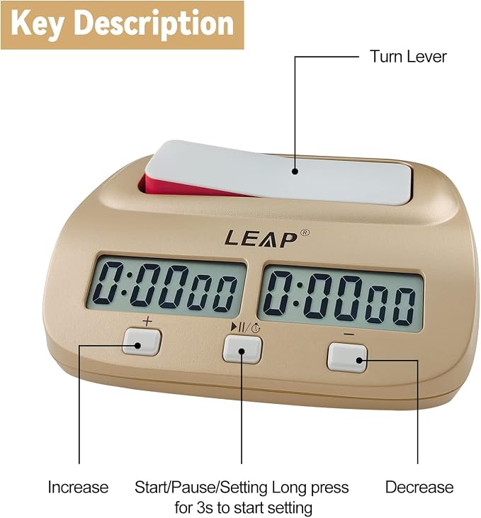 LEAP Digital Chess Clock - Professional Timer with Alarm Function, Golden