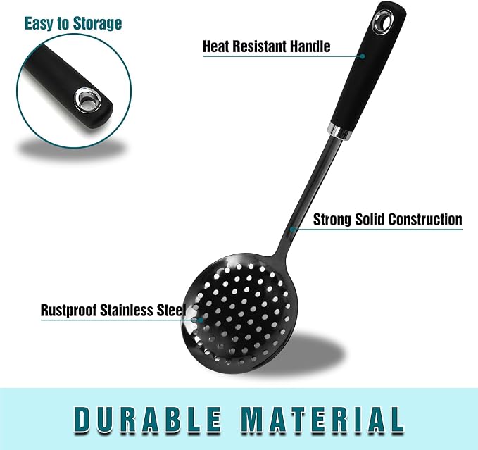 Black Stainless Steel Skimmer Spoon, Metal Slotted Spoon Strainer for Frying, Pasta, Vegetables, Dumplings, Wontons, Long Handle, Dishwasher Safe