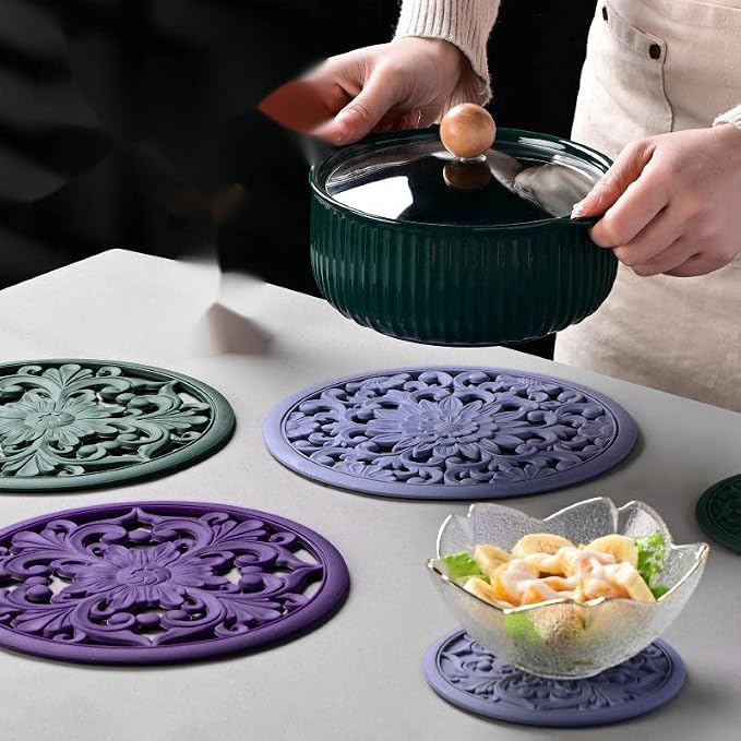 Silicone Trivets for Hot Pots and Pans, Non Stick Hot Pad Pot Holders for Kitchen, Multi-use Heat Resistant Mat for Table and Countertop, Round Silicone Trivet Mat for Dish Set of 3 Purple