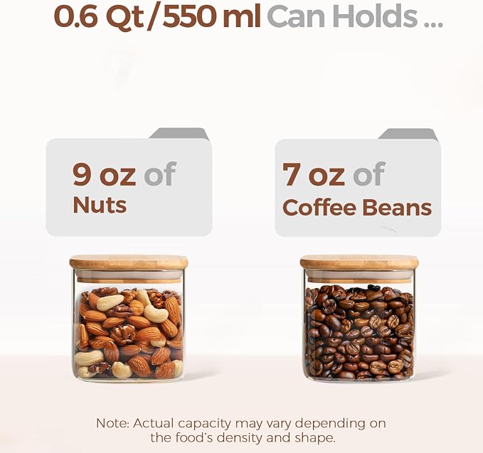 ComSaf Square Glass Containers With Lids 0.6 Qt, Set of 6 Small Galss Jars | Small Glass Canisters, Spice Jar, Pantry Organization, Snack, Cookie, Coffee Bar Organization, Size For Subpackage, BPA Free