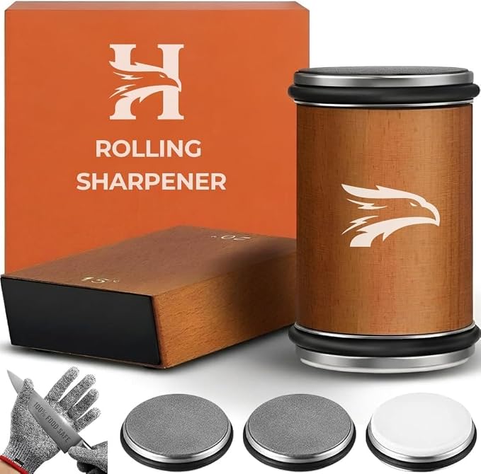 High Carbon Stainless Steel Rolling Knife Sharpener with 400, 1000 & 3000 Replacement Discs - Blunt Knife Sharpening Kit with 15 and 20 Degree Sharpening for Kitchen & Chef's Knives