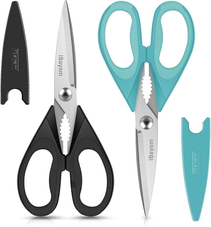 Small Kitchen Scissors 8-inch, 2 Pack Kitchen Shears All Purpose Meat Scissors Poultry Shears, Dishwasher Safe Food Cooking Scissors Heavy Duty Stainless Steel Utility (Black, Aqua Sky)
