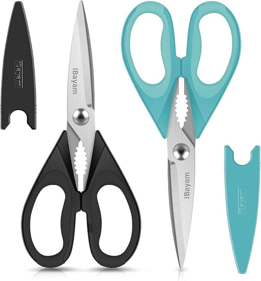 Small Kitchen Scissors 8-inch, iBayam 2 Pack Kitchen Shears All Purpose Meat Scissors Poultry Shears, Dishwasher Safe Food Cooking Scissors Heavy Duty Stainless Steel Utility (Black, Aqua Sky)