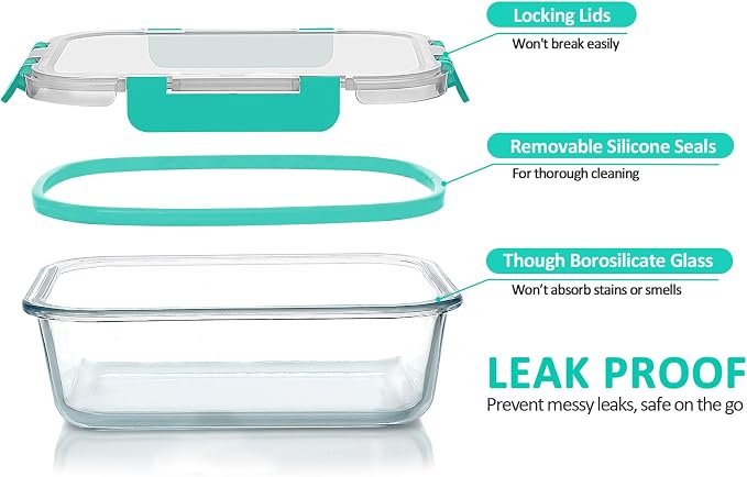 M MCIRCO 10 Pack Glass Food Storage Container with Lids, Green | Glass Meal Prep Containers with Lids, Airtight Lunch Bento Boxes,Microwave, Oven, Freezer and Dishwasher Friendly, BPA Free
