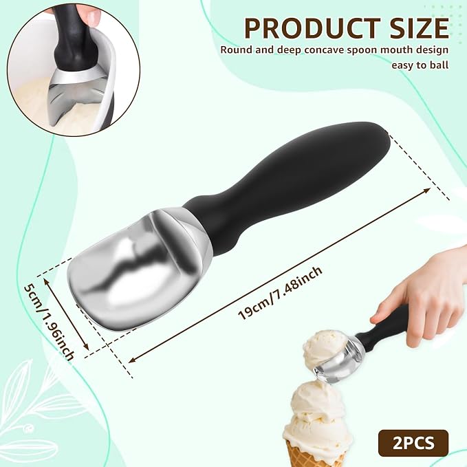 2 Pack Ice Cream Scoop, Heavy Duty Zinc Alloy Ice Cream Scooper with Non-Slip Handle, Ice Cream Spade for Hard Gelato, Sorbet, Cookie Dough, Melon