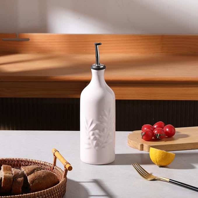 Sweejar Ceramic Olive Oil Dispenser Bottle, 20 Oz Relief Opaque Oil Cruet Protects To Reduce Oxidation, Suitable for Storage Vinegar, Soy Sauce,Liquids,Set of 1 (Rose Quartz)