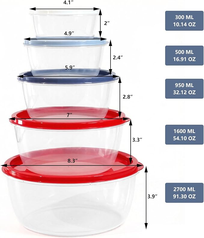 5-Piece Plastic Mixing Bowl Set with Lids for Kitchen, Nesting Kitchen Bowl Set for Mixing Baking, Prepping, Cooking & Food Storage Microwave Safe (Red)