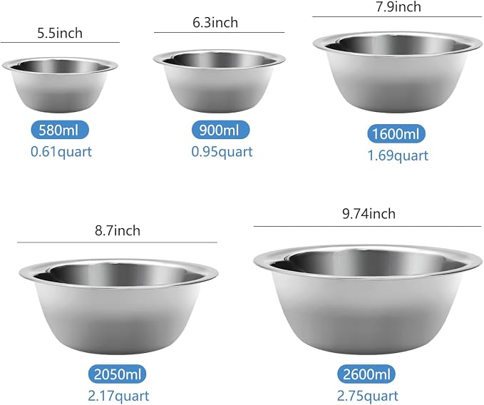 Mixing Bowl Set of 5, Stainless Steel Mixing Bowls, Nesting Whisking Bowl Set for Cooking, Baking, Serving, Food/Salad Prep